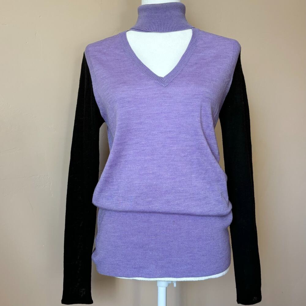 TOME‎ Womens XS Cut Out Turtleneck Merino Wool Tunic Sweater Color block
